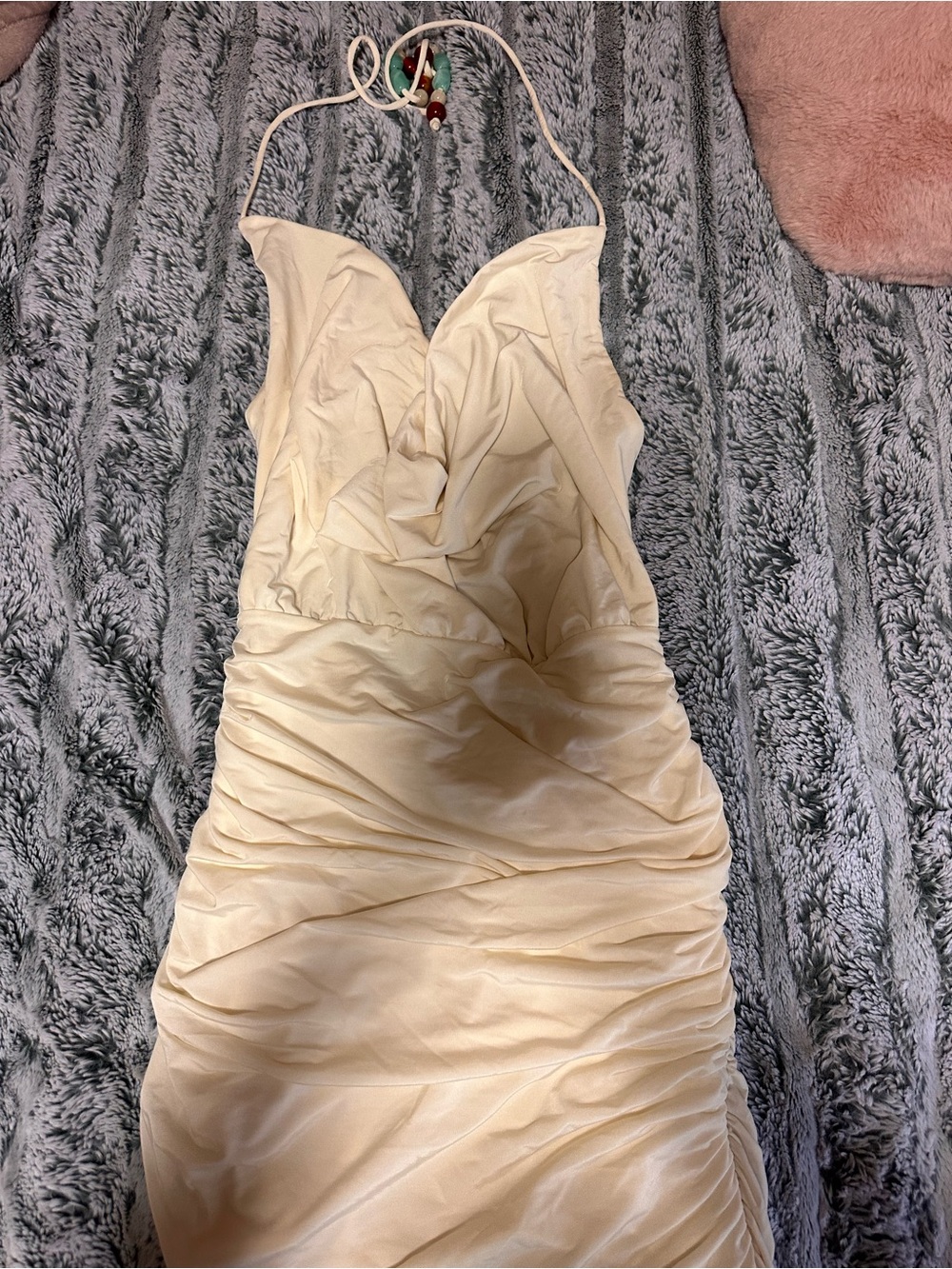 Meshki Cream Strapless Ruched Evening Dress